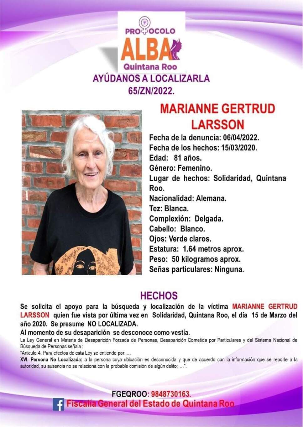 Solicitan ayuda para localizar a Marianne Gertrud Larsson