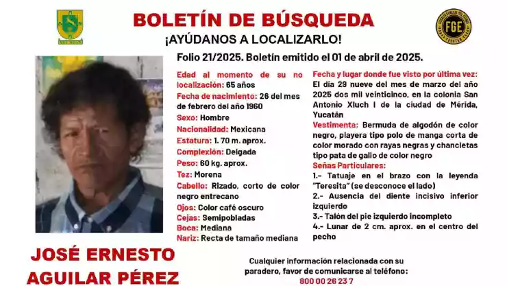 Boletín de búsqueda_ Desaparece José Ernesto, un hombre de 65 años de edad
