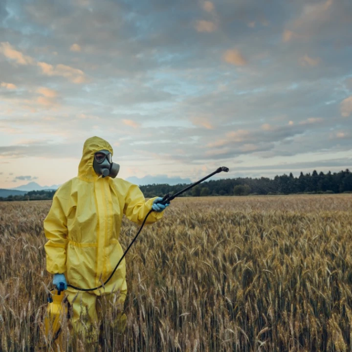 hombre usando plaguicida en cultivo
