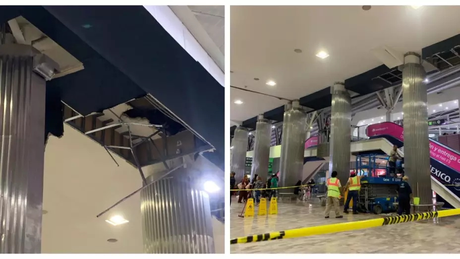 Lluvia provoca caída plafón en la Terminal 1 del AICM