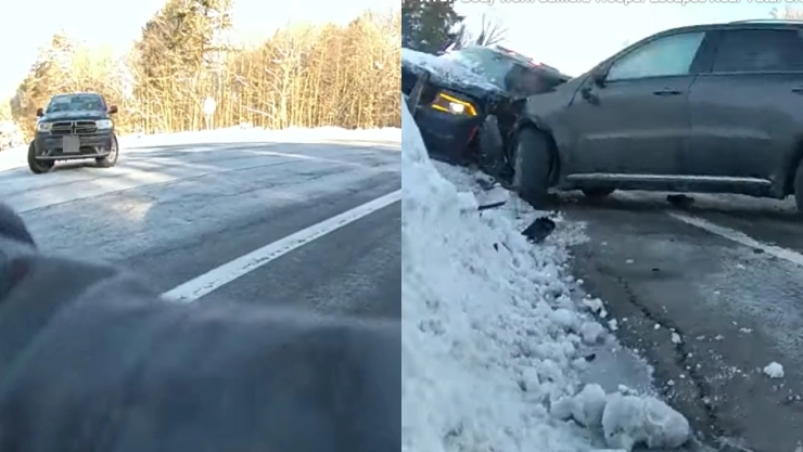 Choque de camioneta contra policía del Estado de Nueva York el 13 de febrero de 2026.