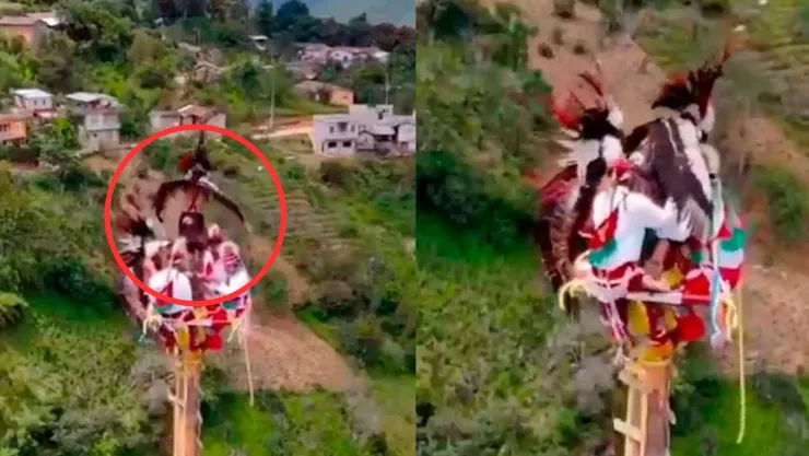 VIDEO | Caporal casi cae desde 20 metros en ritual de voladores de Papantla en Puebla