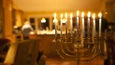 Lit Menorah in Home