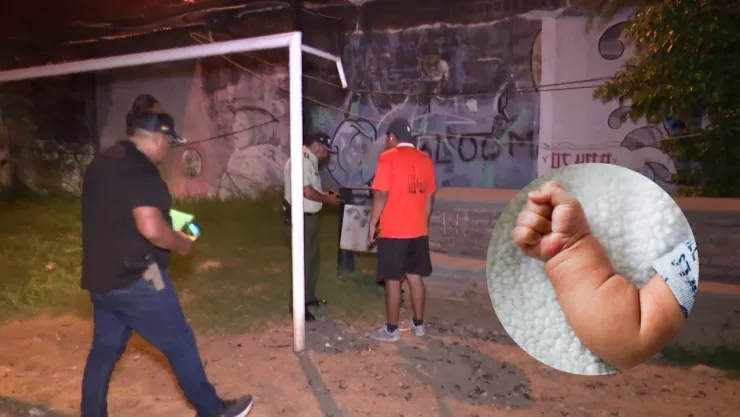 Foto de la cancha en el barrio de San Juan, Bolivia e imagen del brazo de un bebé.