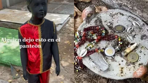 VIDEO Dejan brujería en panteón y mujer agarra dinero de la ofrenda