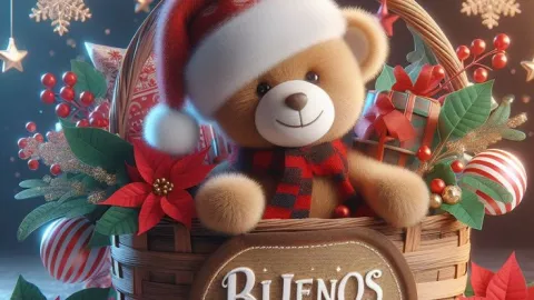 Canasta navideña con osito y mensaje de buenos días