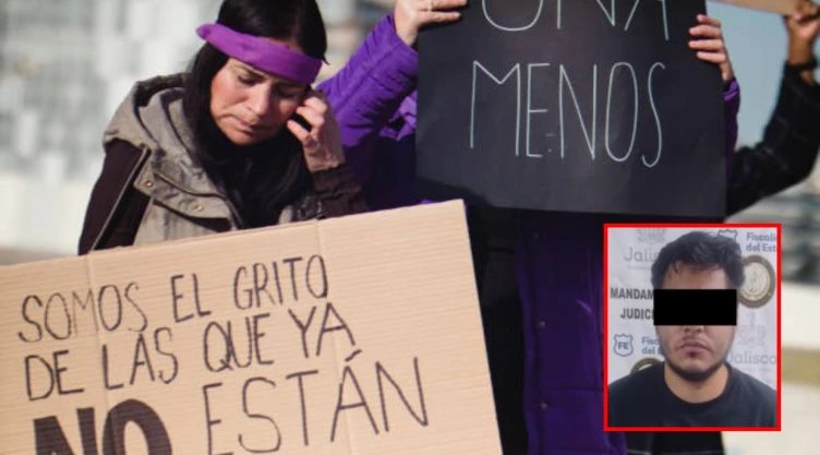 feminicida y mujeres protestando por feminicidio