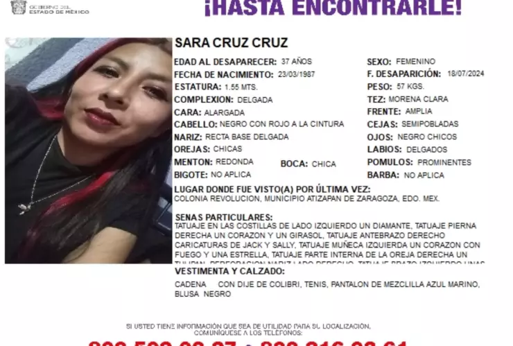 Ficha de búsqueda de Sara Cruz Cruz tras ser reportada como desaparecida en Atizapán, Estado de México.