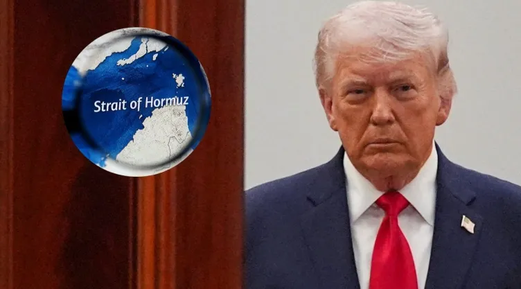 Donald Trump e imagen del estrecho de Ormuz.