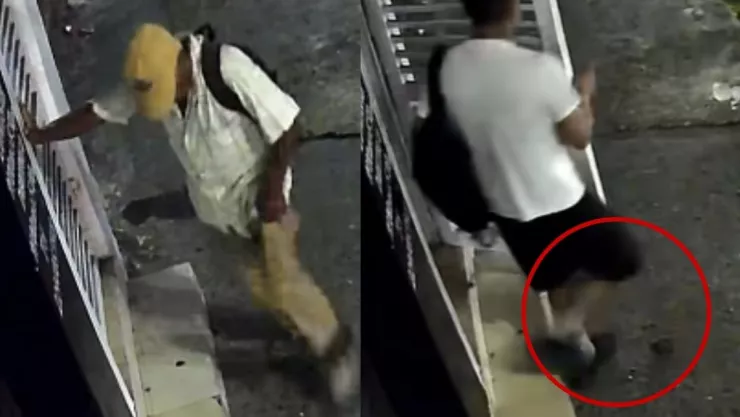 Hombre deja sus necesidades frente a fachada de negocio