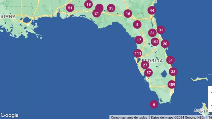 Captura del mapa interactivo de los centros donde se reparte los alimentos gratis en Florida.