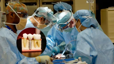 Imagen de médicos realizando cirugía y foto de dientes.