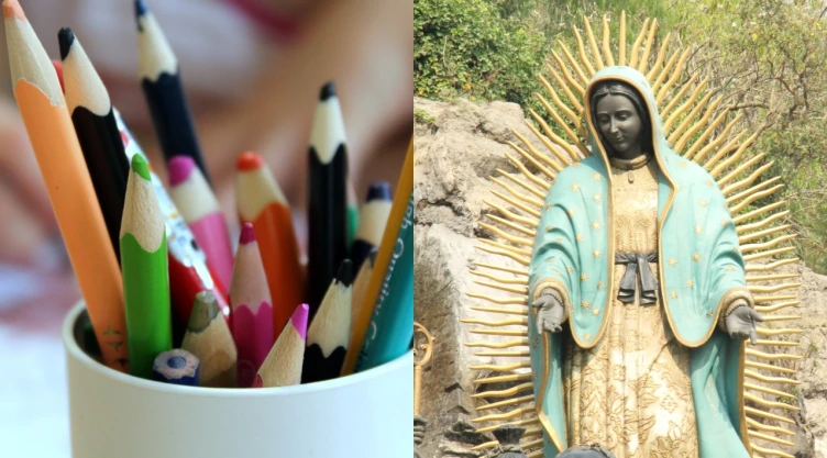 Lápices de colores y Virgen de Guadalupe.