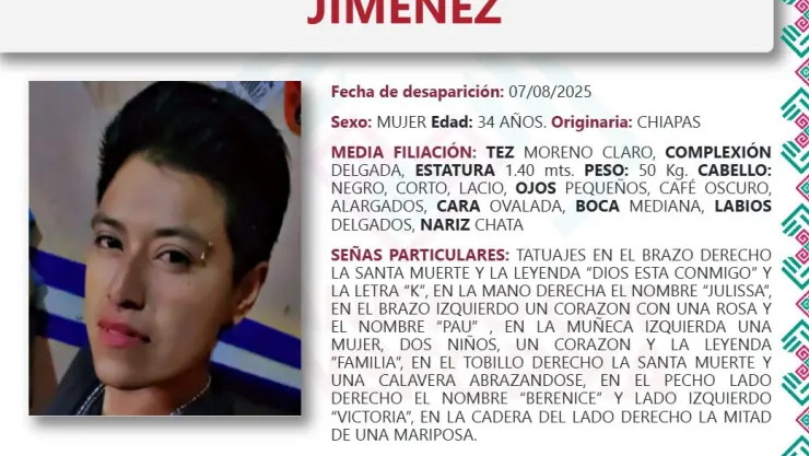 Susana del Carmen Ovando Jiménez desapareció en Berriozábal, Chiapas, el 7 de agosto de 2025