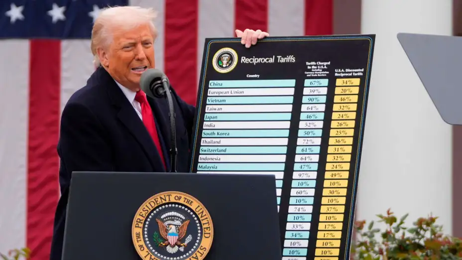Trump muestra una tabla de aranceles en 2025.