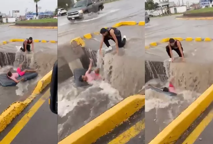 Joven pasea en colchón inflable se lo traga coladera
