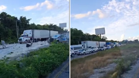 VIDEO_ Fuerte accidente en carretera Puerto Morelos- Cancún HOY; tráfico parado en la zona.jpg