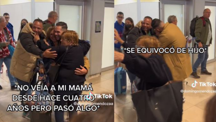 Madre abrazando a otro joven en lugar de su hijo en aeropuerto