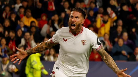 Sergio Ramos celebra el gol 10,000 de la Champions League