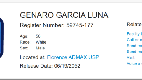 Ficha de interno de Genaro García Luna de la BOP en EU.