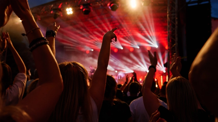 un grupo de fanáticos bailando en un festival de música