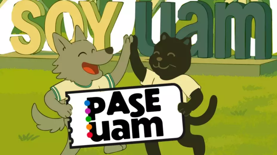 La mascota del Colegio de Bachilleres y la UAM chocando las manos en celebración del Pase UAM 2025.