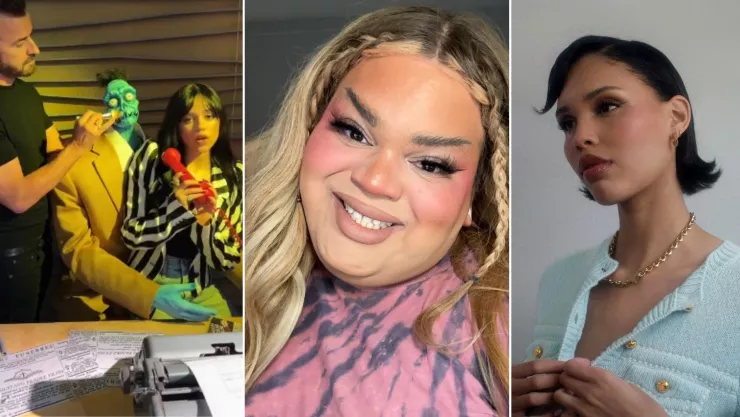 Jenna Ortega con un títere de Beetlejuice de lado izquierdo, en el centro Jools Lebron creadora de demure y de lado derecho Nara Smith la reina de la rectitud