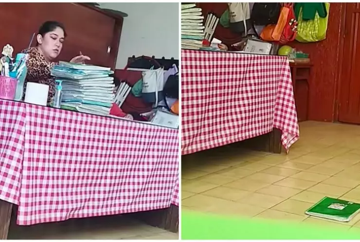 maestra-primaria-avienta-cuadernos-de-alumnos-suelo-video