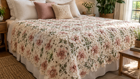 Cubresábanas de crochet con flores tejidas