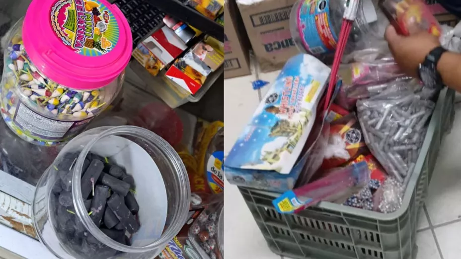 Aseguran cohetes y pirotecnia en tienda de abarrotes en Tijuana