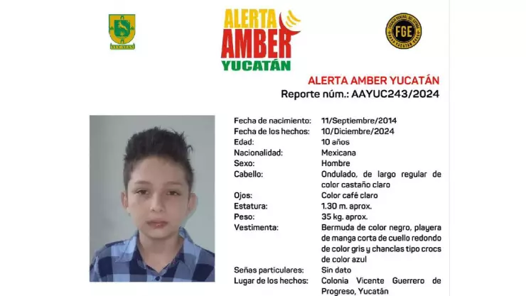 Alerta Amber_ Buscan a José Juan Pacheco Ricalde, un niño de apenas 10 años de edad
