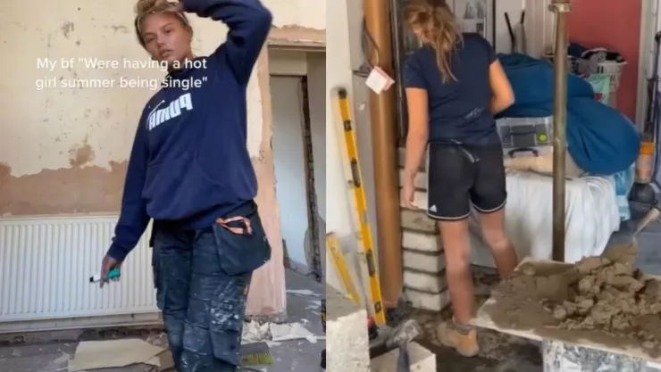 Mujer deja la universidad para ser albañil como su padre.