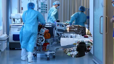 Foto de médicos con camilla y del bar Le Constellation.