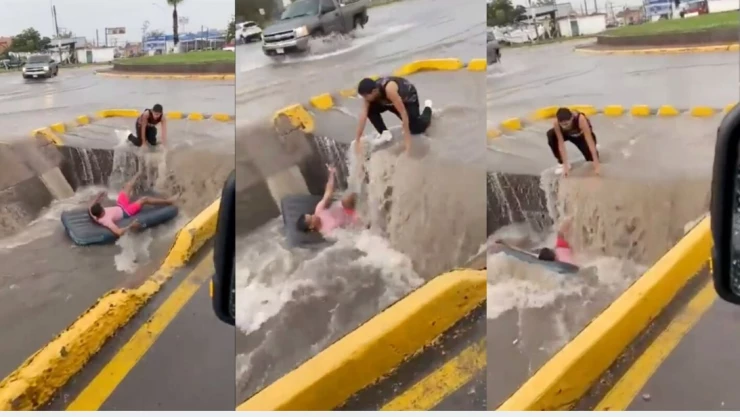 Hombre es tragado por coladera colchón inflable Delicias Chihuahua.
