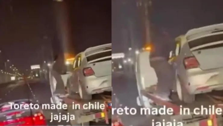 Sujeto salta de un auto en movimiento a una grúa en Chile