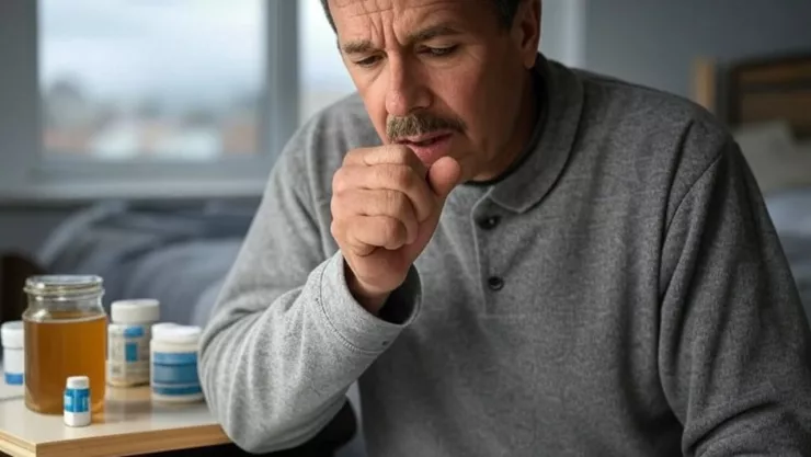 (Imagen generada con IA) Un hombre sufre de ataques de tos mientras intenta aliviarla con remedios caseros como jarabe con miel y pastillas.