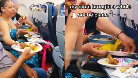 Familia come pollo frito y papas en pleno vuelo, los evidencian en TikTok