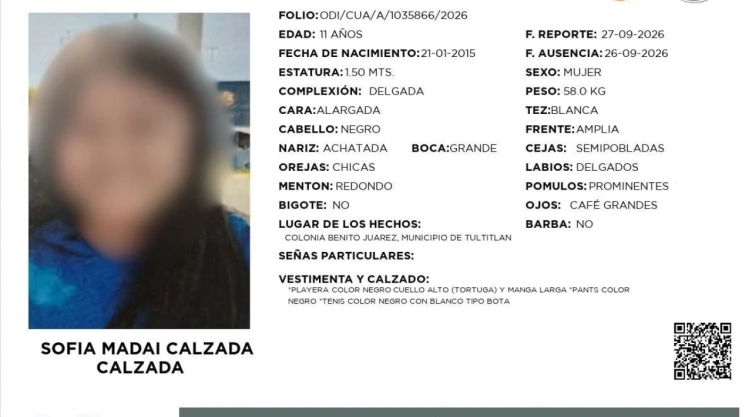 Localizan sin vida a Sofía Madai Calzada Calzada, niña de 11 años desaparecida en Tultitlán