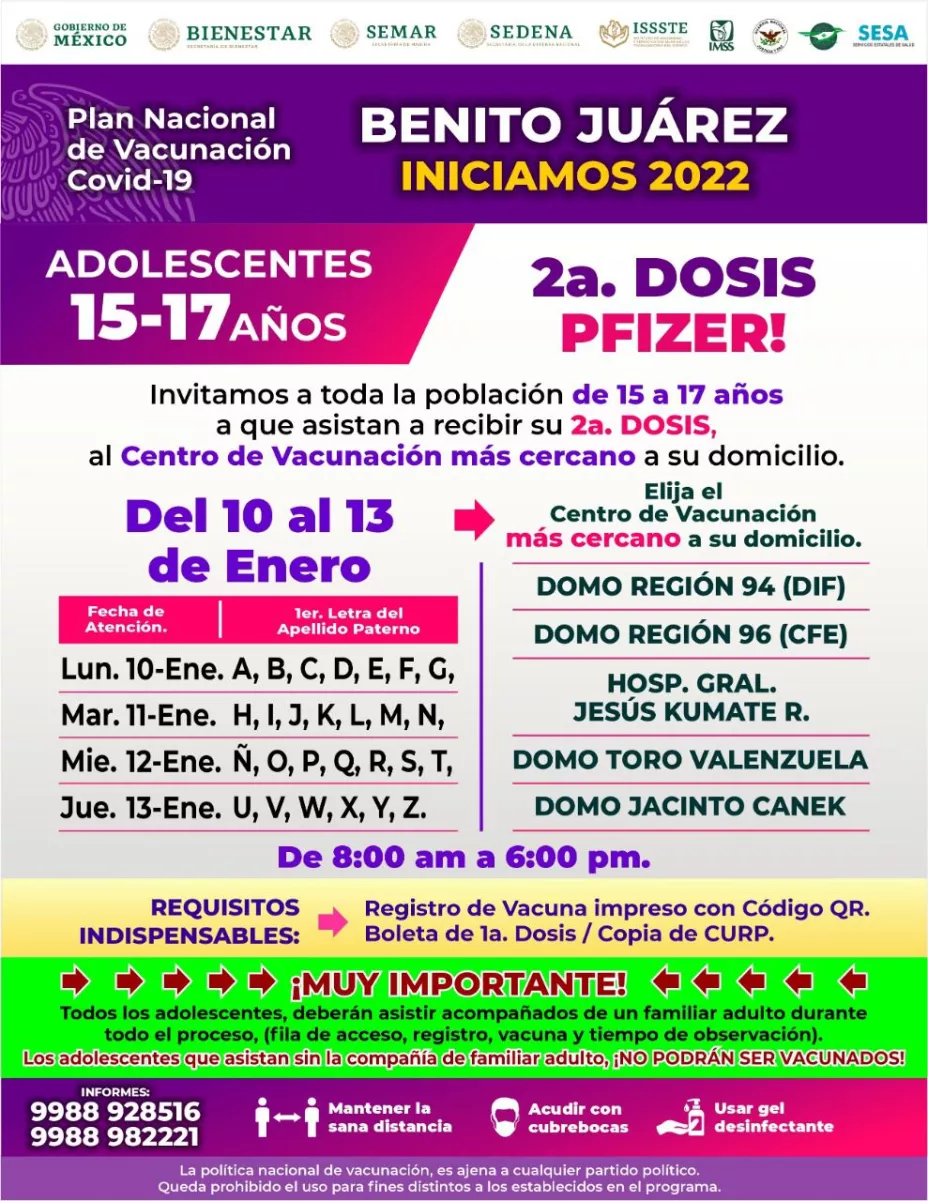 Anuncian en Cancún segundas dosis contra Covid en jóvenes de 15 años