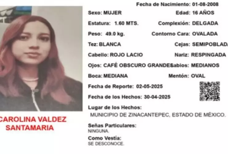 ALERTA AMBER: ¡Urgente! Carolina Valdez Santamaría desapareció en Zinancatepec, Edomex