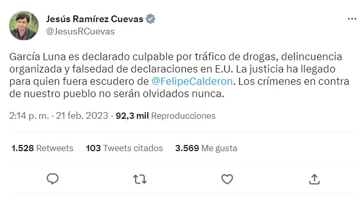 La reacción de Jesús Ramírez Cuevas a Genaro García Luna como culpable por narcotráfico