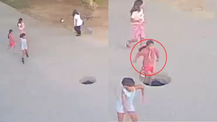 Fuerte VIDEO | Niña cae a una alcantarilla abierta mientras caminaba por la calle y así fue captado