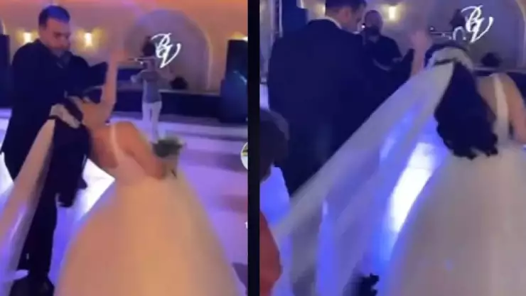 ¿Deben de ir a bodas Niño jala velo a novia y casi cae al suelo.jpg