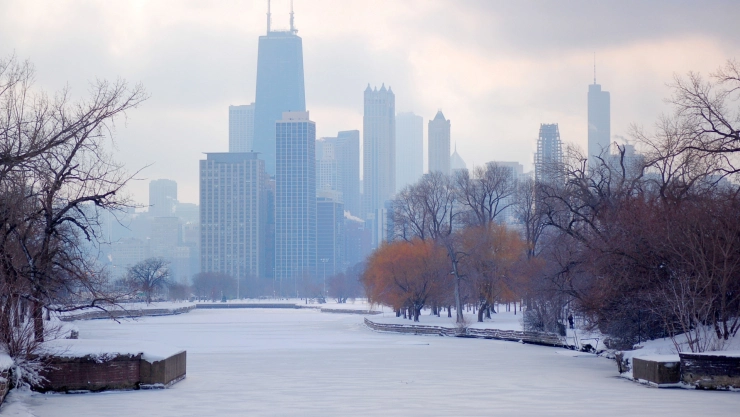 Postal de nieve de la ciudad de Chicago, en Illinois.