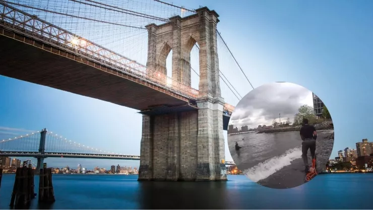 Imagen del puente de Brooklyn y rescate de mujer.