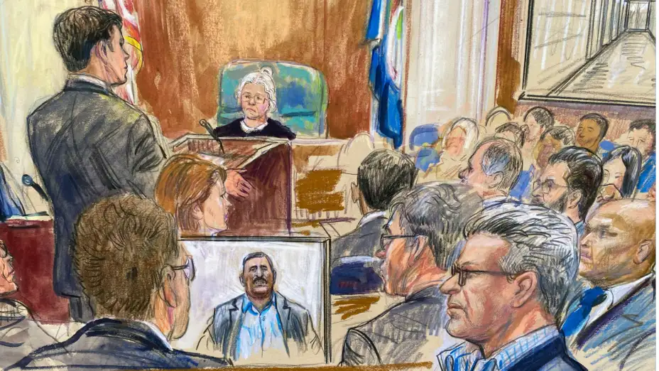 Boceto durante un juicio en el tribunal en Alexandria, Virginia.