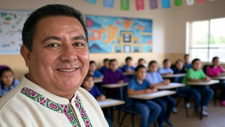 La imagen de un maestro de educación básica generado con Inteligencia Artificial, de fondo, se observan de manera difuminada a los alumnos.