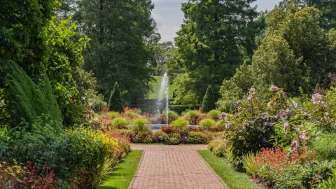 Entrada principal de los Jardines Longwood, con un fuente de agua entre árboles y plantas.