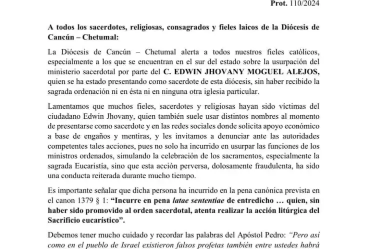 La Diócesis Cancún-Chetumal alertó a los feligreses sobre un falso sacerdote en el sur de Quintana Roo