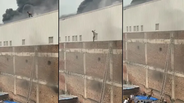 Hombre salta del techo de una fábrica en llamas; termina mal